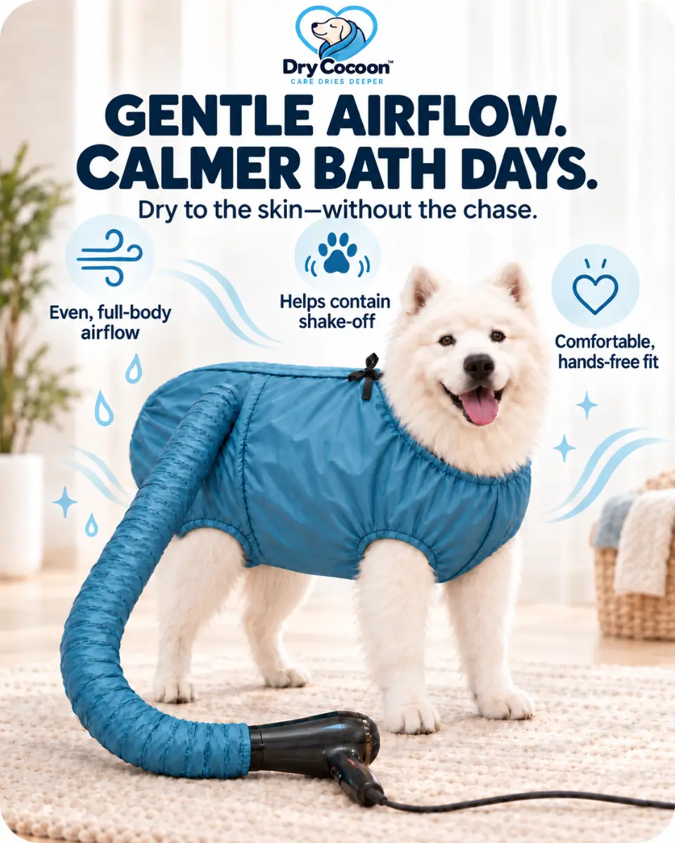White dog wearing a blue DryCocoon drying cocoon connected to a dryer